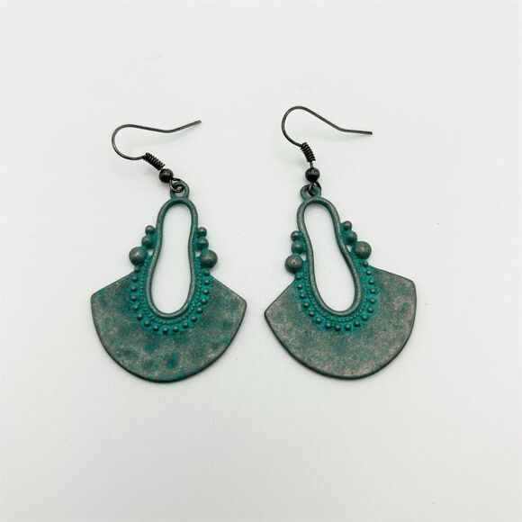 Bohemian Ethnic Vintage Style Turquoise Blue Dangle Earrings Fan Shape - Picture 2 of 8